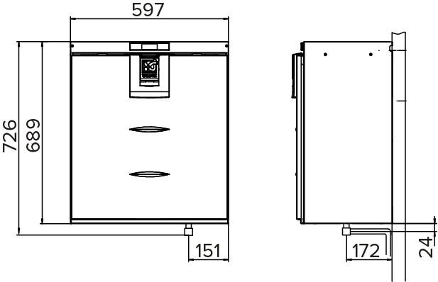 Dimensions with the condensing water outlet